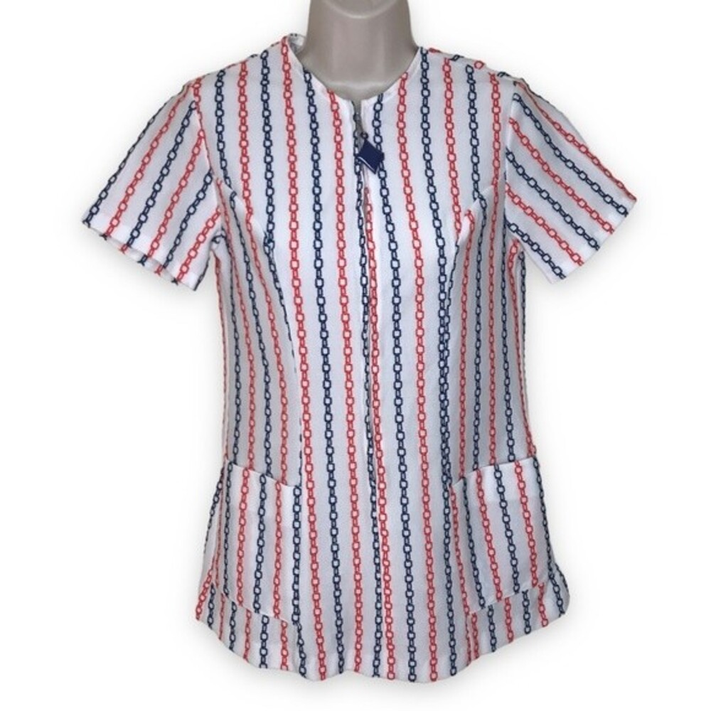 Vintage 70s White Double Knit Orange Blue Chain Stitch Zip Up Top Womens Medium